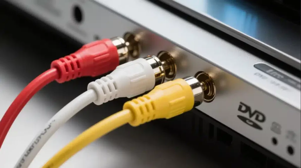 rote, weiße und gelbe Cinchkabel zwischen einem DVD-Player
