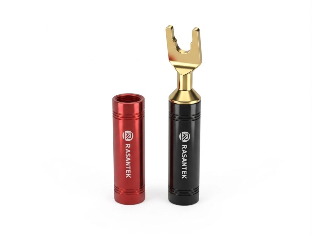 Terminal de horquilla chapado en oro RASANTEK – Conector de pala de aluminio anodizado (par negro y rojo) para cable de altavoces de alta fidelidad y bornes de conexión - Y022